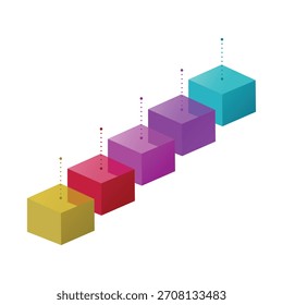 Abstractas diseño de infografía que presenta una progresión de cinco cubos isométricos dispuestos en diagonal. Cada cubo tiene una línea punteada que se extiende verticalmente desde su centro, rematada con una Pequeña circunferencia.