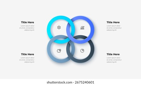 Design infográfico abstrato com quatro anéis interconectados exibindo ícones e conceitos de negócios, ideal para apresentações, relatórios ou análises