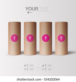 Abstract infographic design with minimal 3D paper tube objects with text and numbers 
Eps 10 stock vector illustration 