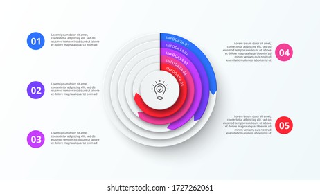 Abstract infographic design template with 5 options, steps or parts. Circle vector illustration for business presentation.
