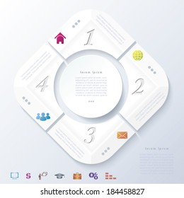Abstract infographic design with white circle and four segments. Vector illustration can be used for web design,  workflow or graphic layout, diagram, numbers options, education, presentation