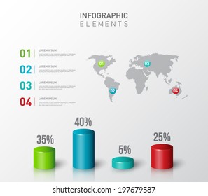 Abstract infographic design with world map for business, reports, number options, progress, step presentation, workflow layout or websites, clean and modern style. Vector illustration