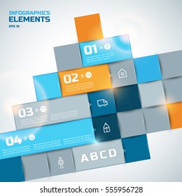 Abstract infographic elements with colorful glossy squares four options and flat icons vector illustration