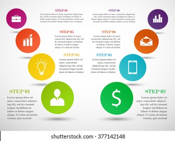 Abstract infographic elements with icons and text. Different circles in the row. Infographic template with 8 steps
