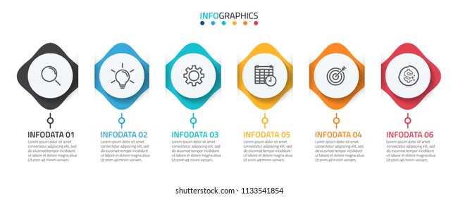 Abstract infographic elements. Timeline with 6 steps, options and marketing icons. Can be used for business process step, workflow diagram, presentation or web design. Vector illustration.