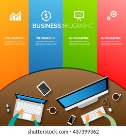 Abstract  infographic four color box with computer and laptop work flow template. Vector eps10.