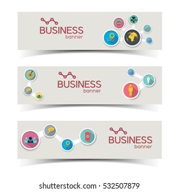 Abstract infographic horizontal banners with diagrams circles flow and flat icons on gray background vector illustration