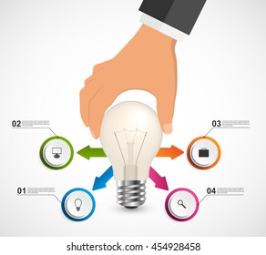 Abstract infographic with human hand holding light bulb banner. Vector illustration.
