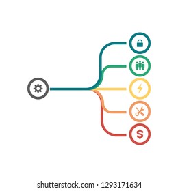 Abstract Infographic Merging Lines, Team Work Concept, Structure, All In One Template. Merging, Isolation, Goal, Part Concepts. Website Color Menu Items With Icons.