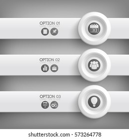Abstract infographic presentation template with icons three horizontal banners and circles in gray colors vector illustration