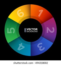 Abstract infographic rainbow sectors 3d circle wheel shape 6 options chart with numbers on black background. RGB EPS 10 vector illustration