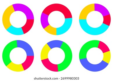 Conjunto infográfico abstrato com gráficos vibrantes de pizza em layout geométrico. Perfeito para relatórios, painéis e designs visuais criativos.