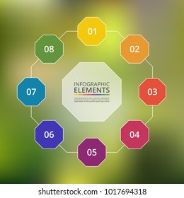 Abstract infographic template with 8 steps for success on blur green background. Business circle template with eight options for brochure, diagram, workflow, timeline, web design.
