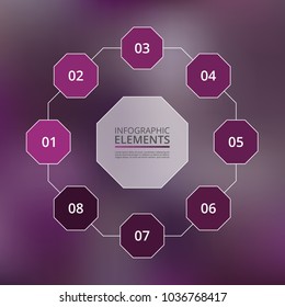 Abstract infographic template with 8 steps for success on blur violet background. Business circle template with eight options for brochure, diagram, workflow, timeline, web design.