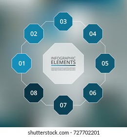 Abstract infographic template with 8 steps for success on blur blue background. Business circle template with eight options for brochure, diagram, workflow, timeline, web design.