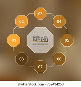 Abstract infographic template with 8 steps for success on blur orange background. Business circle template with eight options for brochure, diagram, workflow, timeline, web design.