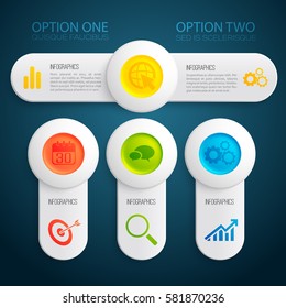 Abstract infographic template with banners text options colorful round buttons and icons isolated vector illustration