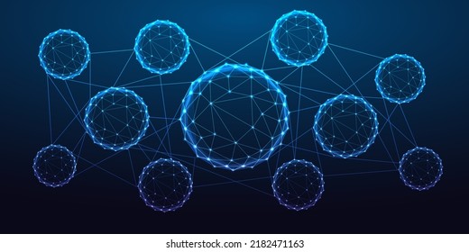Abstract infographic template with connected bubbles concept in futuristic glowing low polygon style