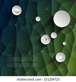 abstract infographic template, low polygonal design background with circles and icons, flat effect
