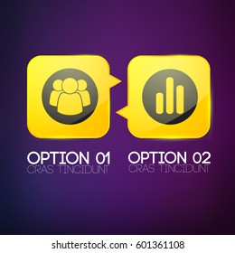 Abstract infographic template with two yellow glossy round squares and business icons on purple background vector illustration