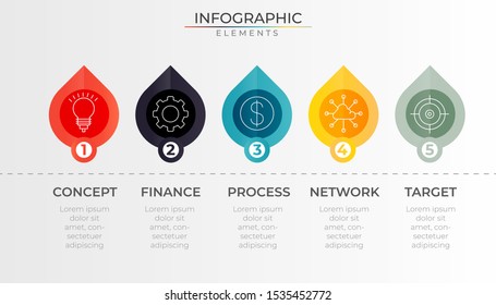 Abstract infographic timeline with 5 steps colorful water drop elements and icons. Chart process template. Modern vector for company or corporate business project and presentation. Trendy Eps10 design