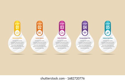 Abstract infographic timeline with 5 steps colorful water drop elements and icons. Chart process template. Modern vector for company or corporate business project and presentation. Trendy Eps10 design