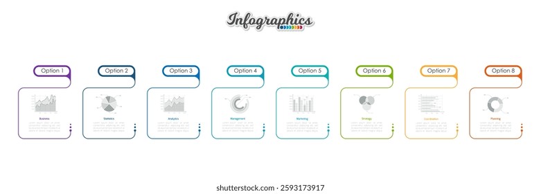 Abstract infographic timeline business template with 8 options, parts, steps or processes. Vector infographic illustration can be used for chart, diagram, web design, presentation, workflow layout