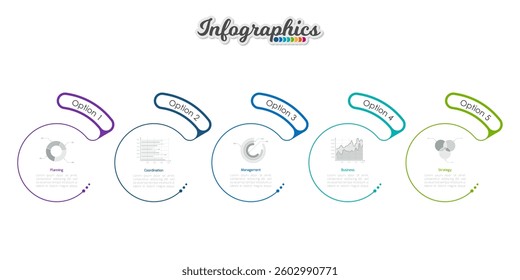 Abstract infographic timeline business template with 5 options, parts, steps or processes. Vector infographic illustration can be used for chart, diagram, web design, presentation, workflow layout