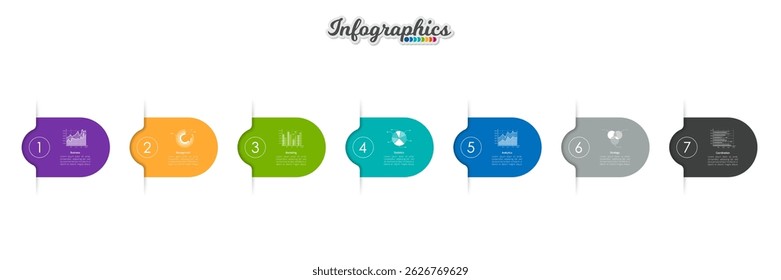 Abstract infographic timeline business template with 7 options, parts, steps or processes. Vector infographic illustration can be used for chart, diagram, web design, presentation, workflow layout