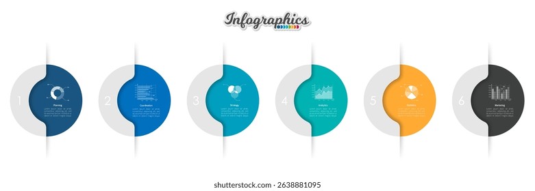 Abstract infographic timeline business template with 6 options, parts, steps or processes. Vector infographic illustration can be used for chart, diagram, web design, presentation, workflow layout