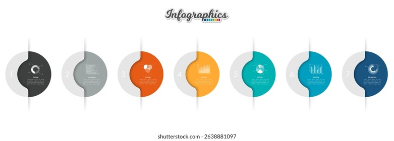 Abstract infographic timeline business template with 7 options, parts, steps or processes. Vector infographic illustration can be used for chart, diagram, web design, presentation, workflow layout