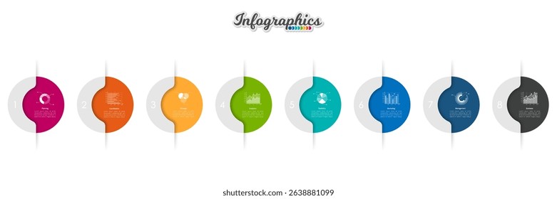 Abstract infographic timeline business template with 8 options, parts, steps or processes. Vector infographic illustration can be used for chart, diagram, web design, presentation, workflow layout