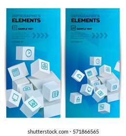 Abstract infographic vertical banners with 3d cubes squares options and line icons isolated vector illustration