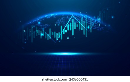 Visualización infográfica abstracta. Gráfico financiero con gráficos de tendencia ascendente y candelabros. Análisis de redes o negocios futuristas. Concepto gráfico para tu diseño.