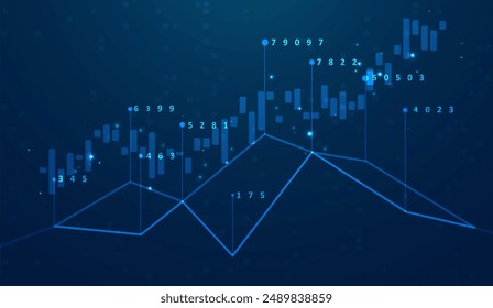 Abstract infographic visualization. Financial chart with uptrend line graphs and candlesticks. Futuristic network or business analytics. Graphic concept for your design.