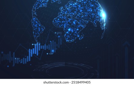 Visualização infográfica. Gráfico financeiro com gráficos de linha de alta tendência e castiçais. Rede futurista ou análise de negócios. Conceito gráfico para o seu design.