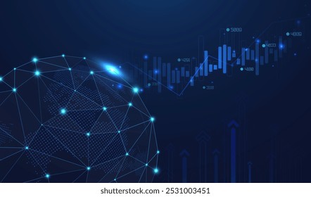 Visualização infográfica. Gráfico financeiro com gráficos de linha de alta tendência e castiçais. Rede futurista ou análise de negócios. Conceito gráfico para o seu design.