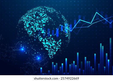 Abstract infographic visualization. Financial chart with uptrend line graphs and candlesticks. Futuristic network or business analytics. Graphic concept for your design.