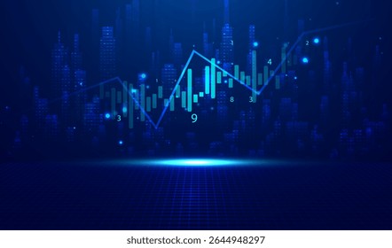Abstract infographic visualization. Financial chart with uptrend line graphs and candlesticks. Futuristic network or business analytics. Graphic concept for your design.