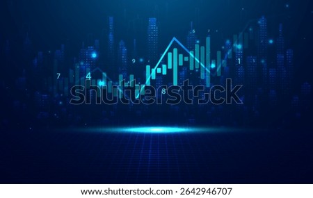 Abstract infographic visualization. Financial chart with uptrend line graphs and candlesticks. Futuristic network or business analytics. Graphic concept for your design.