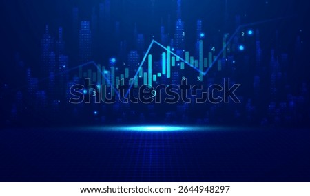Abstract infographic visualization. Financial chart with uptrend line graphs and candlesticks. Futuristic network or business analytics. Graphic concept for your design.