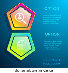 Abstract infographic web design concept with colorful light hexagons two options and business icons isolated vector illustration