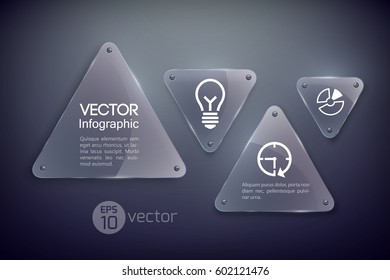 Abstract infographic web template with glass triangles and business icons on dark background vector illustration