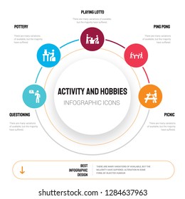 Abstract infographics of activity and hobbies template. Questioning, Pottery, Playing Lotto, Ping pong icons can be used for workflow layout, diagram, business step options, banner, web design.