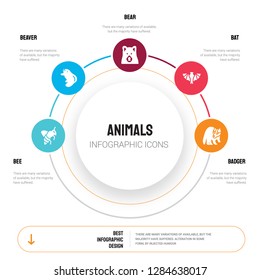Abstract infographics of animals template. Bee, Beaver, Bear, Bat, Badger icons can be used for workflow layout, diagram, business step options, banner, web design.