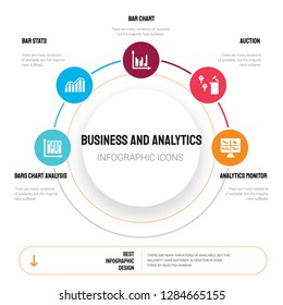 Abstract infographics of business and analytics template. Bars Chart Analysis, Bar Stats, chart, Auction icons can be used for workflow layout, diagram, step options, banner, web design.