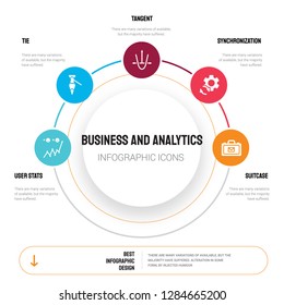 Abstract infographics of business and analytics template. User Stats, Tie, Tangent, Synchronization, Suitcase icons can be used for workflow layout, diagram, step options, banner, web design.