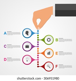Abstract infographics design template with human hands holding the round blocks. Vector illustration.