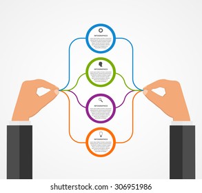 Abstract infographics design template with human hands holding the round blocks. Vector illustration.