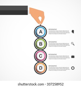 Abstract infographics design template with human hands holding the round blocks. Vector illustration.